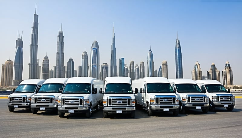 Modern fleet of Toll Way Travel vehicles in front of Dubai skyline Modern fleet of Toll Way Travel vehicles in front of Dubai skyline