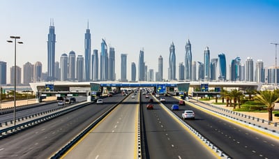 Dubai city skyline with modern roads and toll gates Dubai city skyline with modern roads and toll gates
